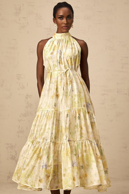 Kadence Yellow Floral Midi Dress Women's Fashion