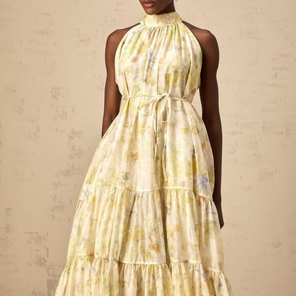 Kadence Yellow Floral Midi Dress in Luxurious Terylene Fabric