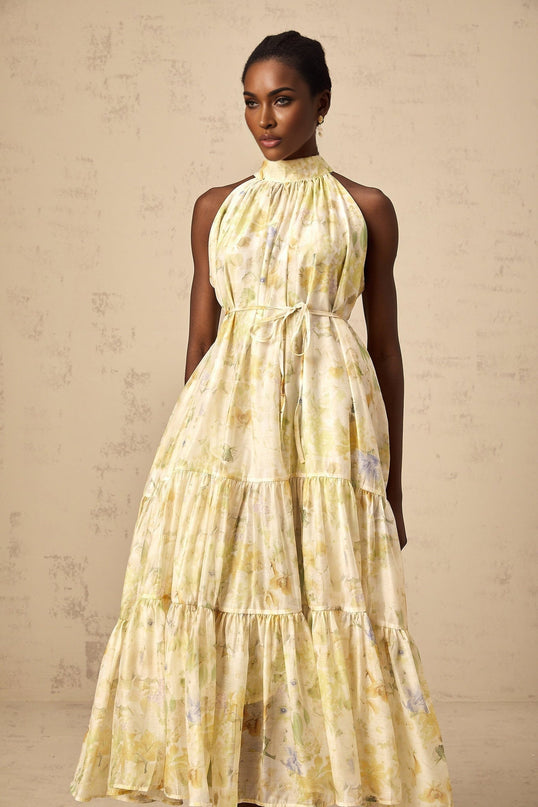 Kadence Yellow Floral Midi Dress in Luxurious Terylene Fabric
