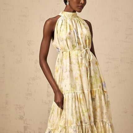 Kadence Yellow Floral Midi Dress Terylene Sleeveless Tiered Design