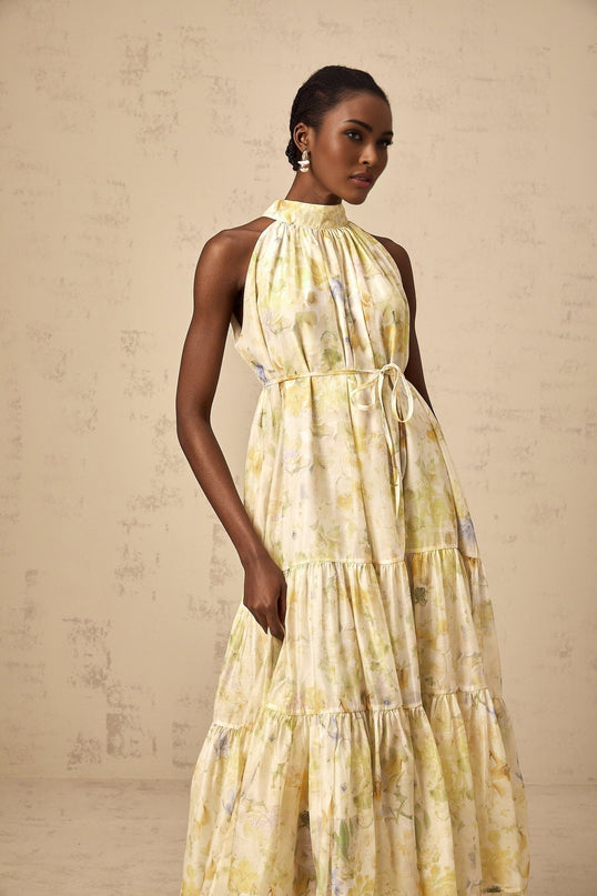 Kadence Yellow Floral Midi Dress Terylene Sleeveless Tiered Design