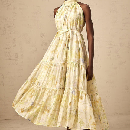 Kadence Yellow Floral Midi Dress in Luxurious Terylene Material
