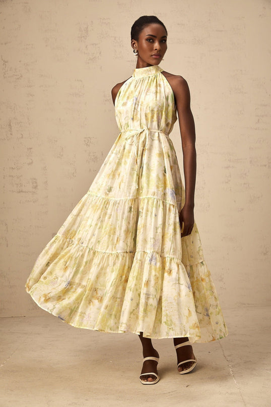 Kadence Yellow Floral Midi Dress in Luxurious Terylene Material
