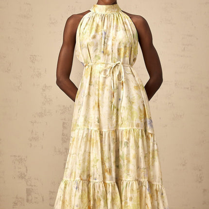 Kadence Yellow Floral Midi Dress Terylene Sleeveless Tiered Design