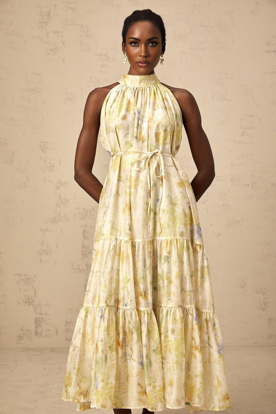 Kadence Yellow Floral Midi Dress Terylene Sleeveless Tiered Design