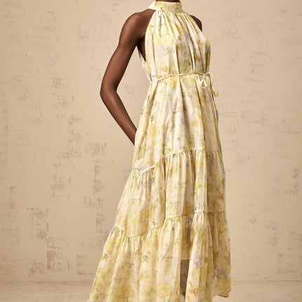 Kadence Yellow Floral Midi Dress in Luxurious Terylene Fabric