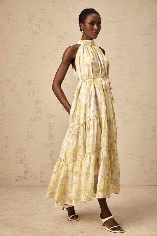 Kadence Yellow Floral Midi Dress in Luxurious Terylene Fabric