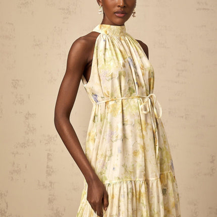 Kadence Yellow Floral Midi Dress Terylene Sleeveless Tiered Design