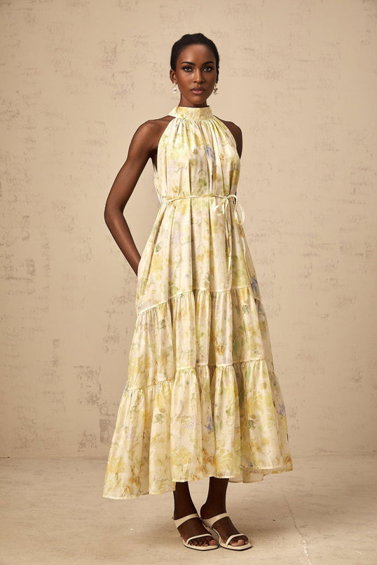 Kadence Yellow Floral Midi Dress in Luxurious Terylene Material