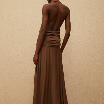 Kaitlin Brown Maxi Dress Twist Open Back Halterneck Shirred Effect Sleeveless 92% Tencel 8% Spandex Side Zip Fastening Elegant Sophisticated Glamour