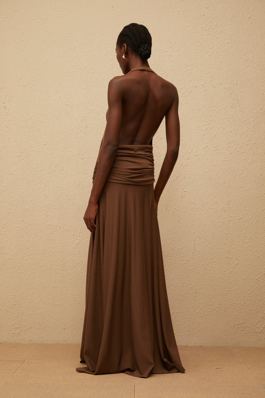 Kaitlin Brown Maxi Dress Twist Open Back Halterneck Shirred Effect Sleeveless 92% Tencel 8% Spandex Side Zip Fastening Elegant Sophisticated Glamour
