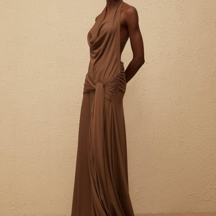 Kaitlin Brown Maxi Dress Halterneck Twist Open Back Shirred Sleeveless