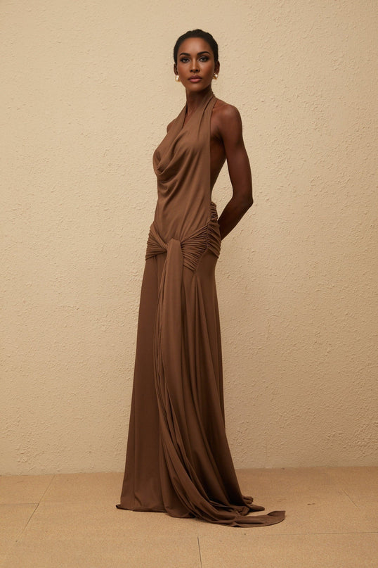 Kaitlin Brown Maxi Dress Halterneck Twist Open Back Shirred Sleeveless