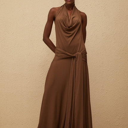 Kaitlin Brown Maxi Dress Twist Open Back Halterneck Shirred Sleeveless 92% Tencel 8% Spandex Side Zip Fastening Elegant Sophisticated Luxurious Women's Fashion Statement Piece
