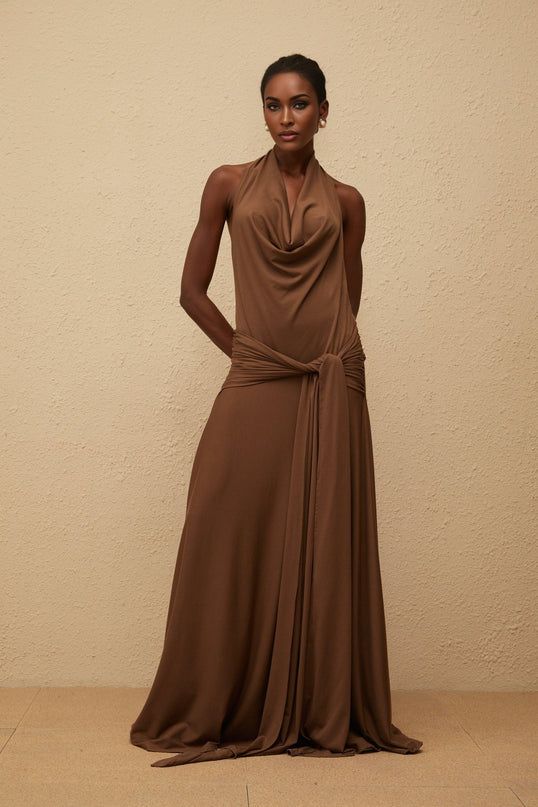 Kaitlin Brown Maxi Dress Twist Open Back Halterneck Shirred Sleeveless 92% Tencel 8% Spandex Side Zip Fastening Elegant Sophisticated Luxurious Women's Fashion Statement Piece
