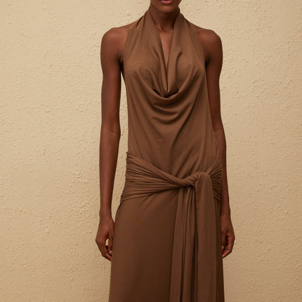 Kaitlin Brown Maxi Dress Halterneck Twist Open Back Shirred Sleeveless 92% Tencel 8% Spandex