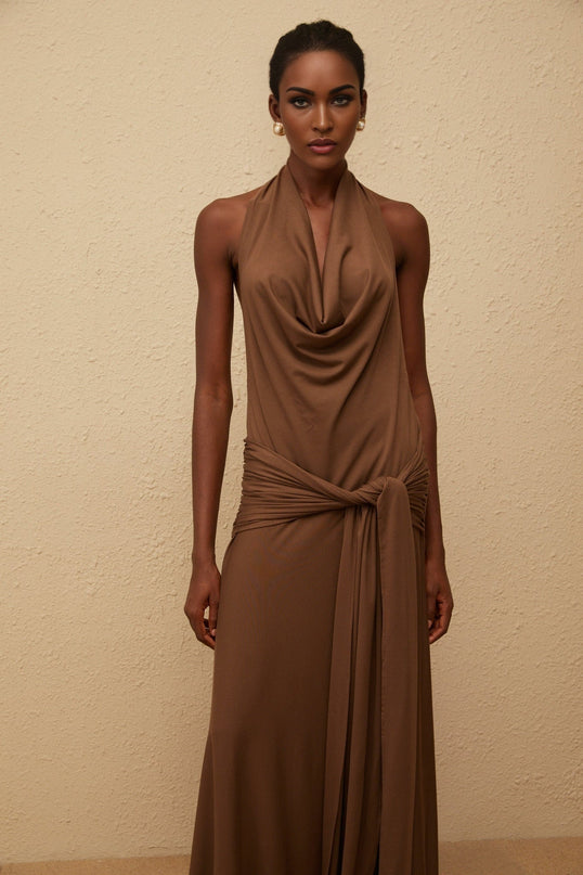 Kaitlin Brown Maxi Dress Halterneck Twist Open Back Shirred Sleeveless 92% Tencel 8% Spandex