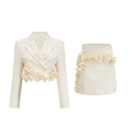 Kaitlin Floral Appliqué Jacket & Skirt Set in Neutrals