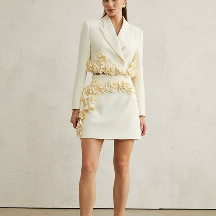 Kaitlin Floral Appliqué Jacket & Skirt Set in Neutrals
