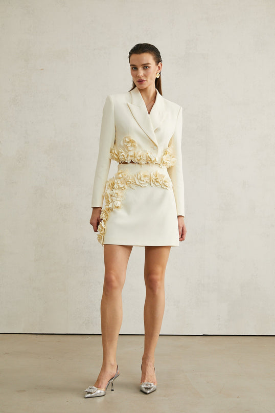 Kaitlin Floral Appliqué Jacket & Skirt Set in Neutrals