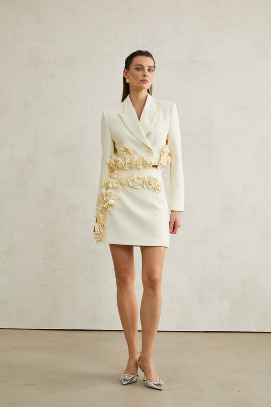Kaitlin Floral Appliqué Jacket & Skirt Set Neutrals