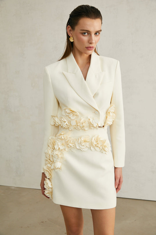 Kaitlin Floral Appliqué Jacket & Skirt Set in Neutrals