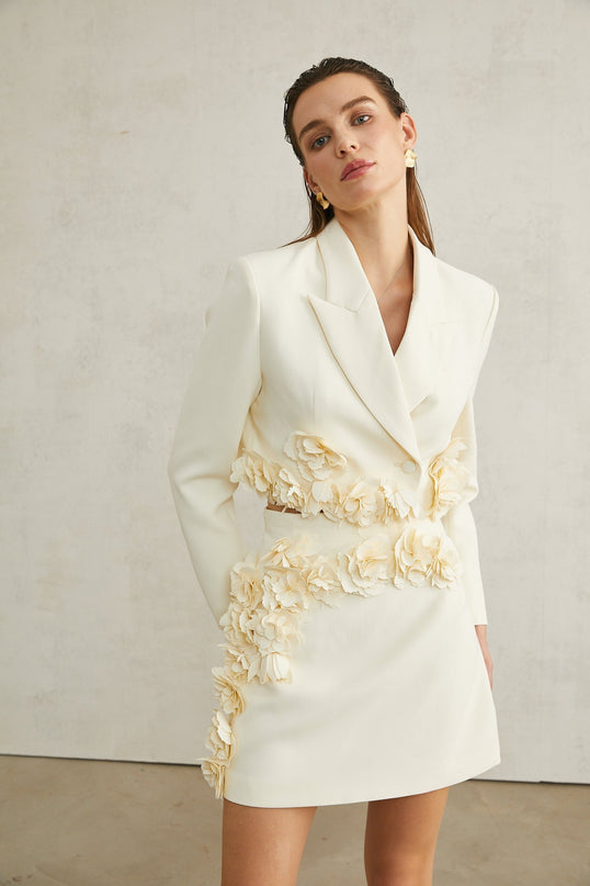 Kaitlin Floral Appliqué Jacket & Skirt Set Neutrals
