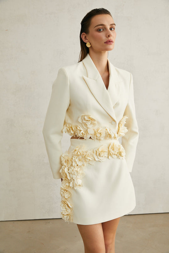 Kaitlin Floral Appliqué Jacket & Skirt Set in Neutrals