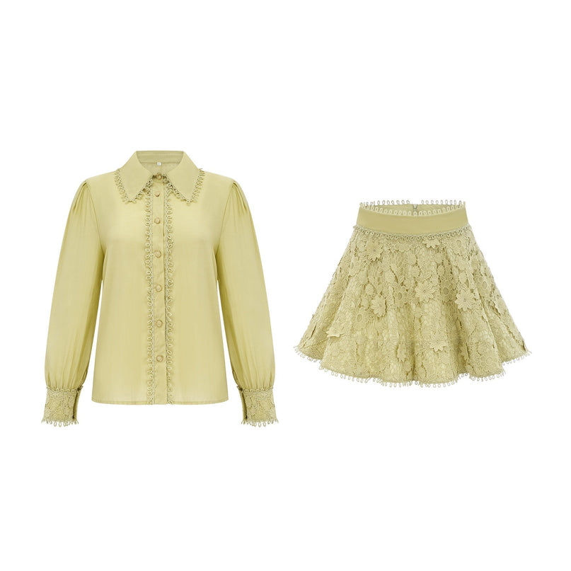 Kaitlin Green Embroidered Shirt and Skirt Set