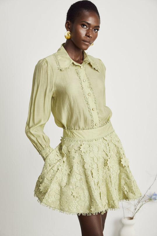 Kaitlin Green Embroidered Shirt and Skirt Set