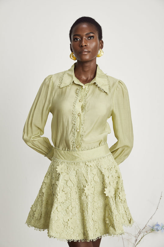 Kaitlin Green Embroidered Shirt and Skirt Set