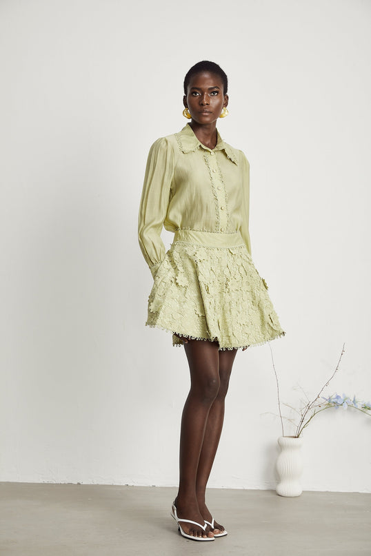 Kaitlin Green Embroidered Shirt and Skirt Set