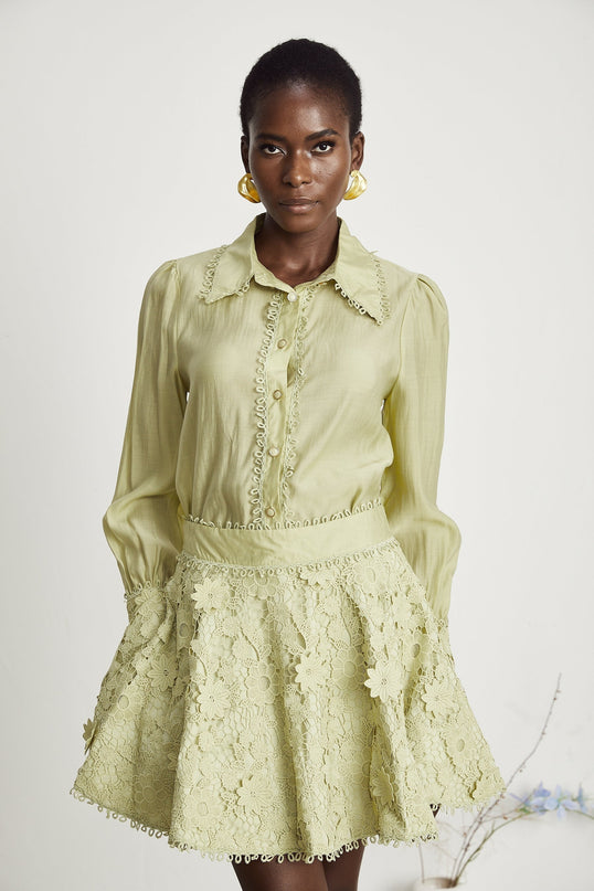 Kaitlin Green Embroidered Shirt and Skirt Set