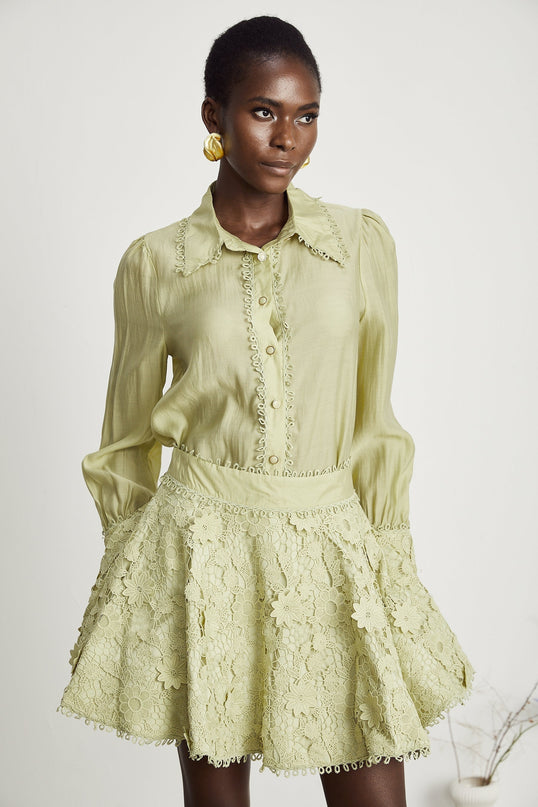 Kaitlin Green Embroidered Shirt Skirt Set