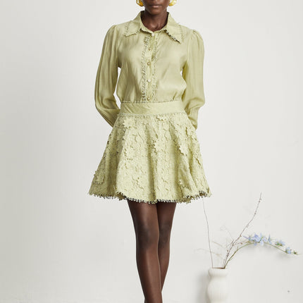 Kaitlin Green Embroidered Shirt and Skirt Set