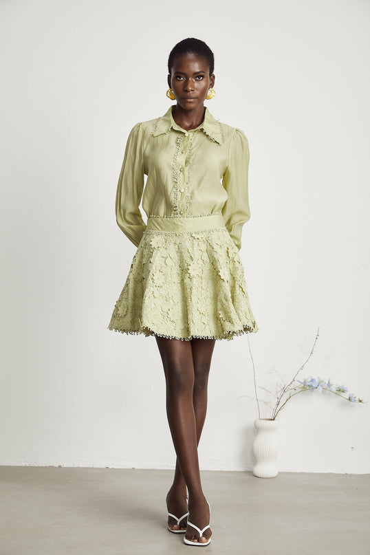 Kaitlin Green Embroidered Shirt and Skirt Set