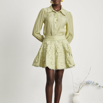 Kaitlin Green Embroidered Shirt Skirt Set