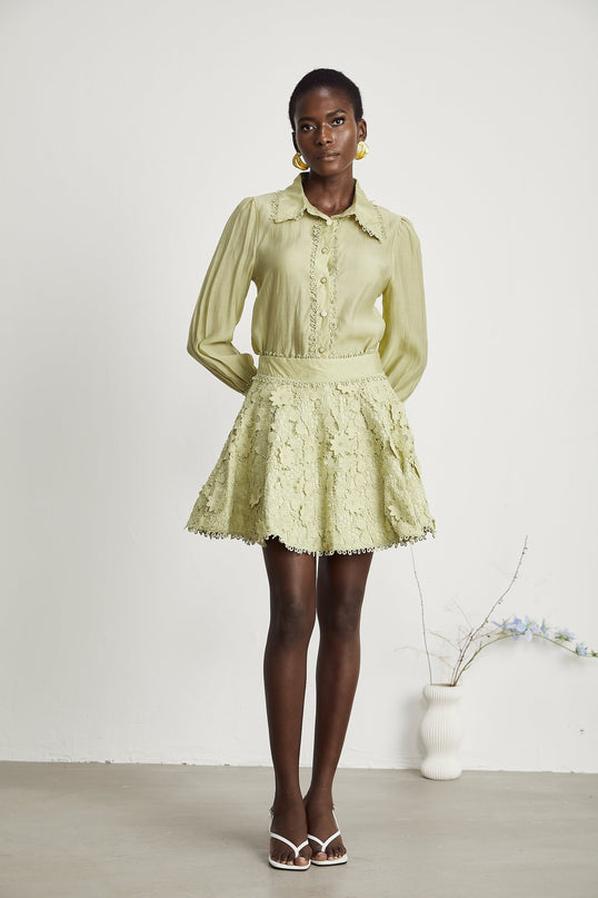 Kaitlin Green Embroidered Shirt Skirt Set