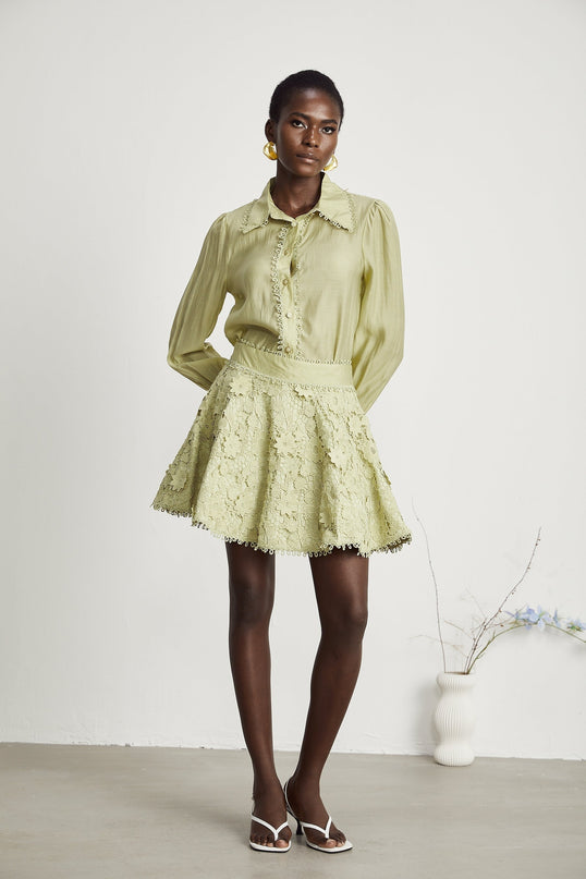 Kaitlin Green Floral Embroidered Shirt Skirt Set