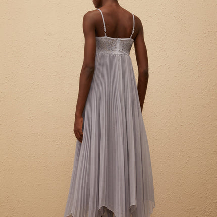 Kaitlin Grey Maxi Dress with Rhinestone Embellishments and Mesh Paneling