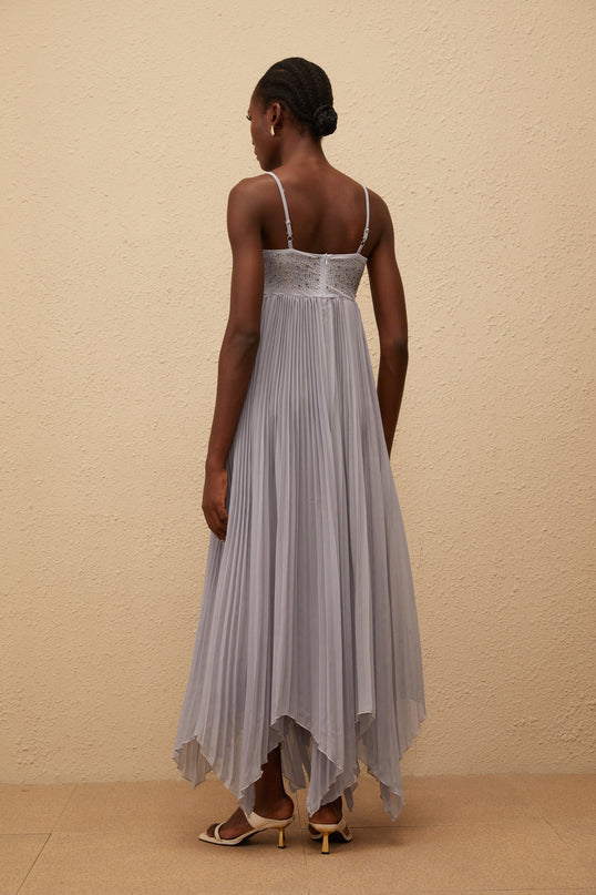 Kaitlin Grey Maxi Dress with Rhinestone Embellishments and Mesh Paneling