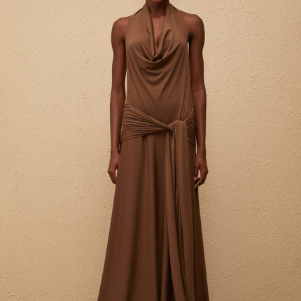 Kaitlin Maxi Dress in Luxurious Brown Halterneck Twist Open Back Shirred Effect Sleeveless Masterpiece