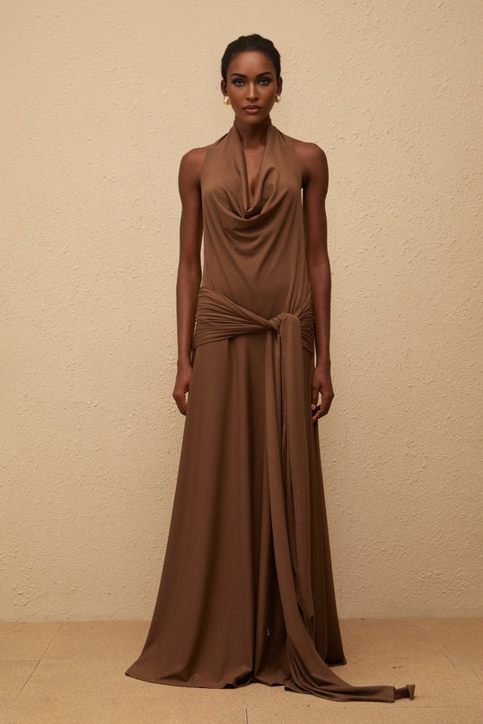 Kaitlin Maxi Dress in Luxurious Brown Halterneck Twist Open Back Shirred Effect Sleeveless Masterpiece