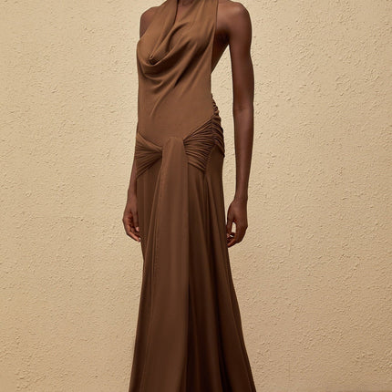 Kaitlin Brown Halterneck Maxi Dress with Twist Open Back Design