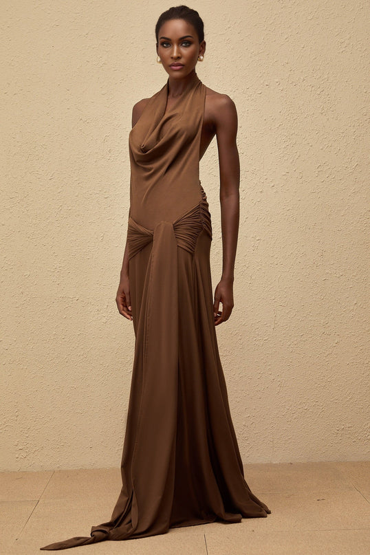 Kaitlin Brown Halterneck Maxi Dress with Twist Open Back Design