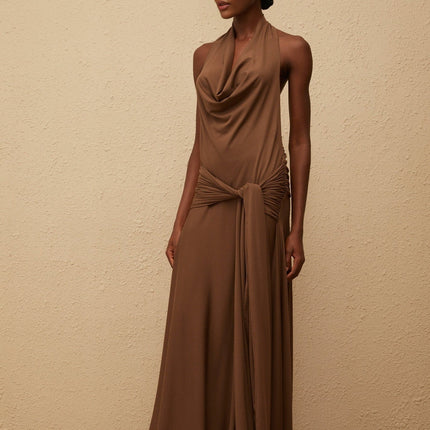 Kaitlin Maxi Dress in Luxurious Brown Twist Open Back Halterneck Sleeveless Dress