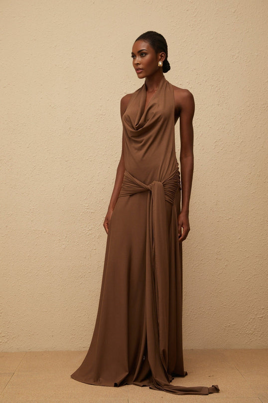 Kaitlin Maxi Dress in Luxurious Brown Twist Open Back Halterneck Sleeveless Dress