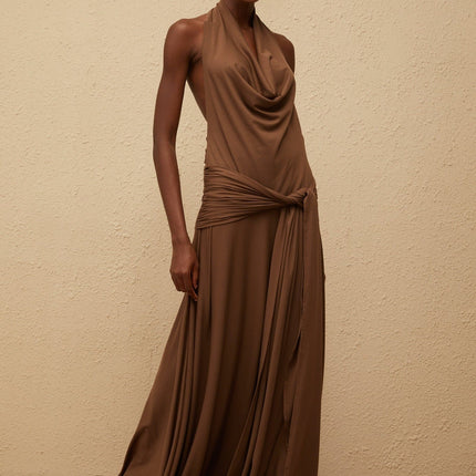 Kaitlin Maxi Dress in Luxurious Brown Halterneck Twist Open Back Design