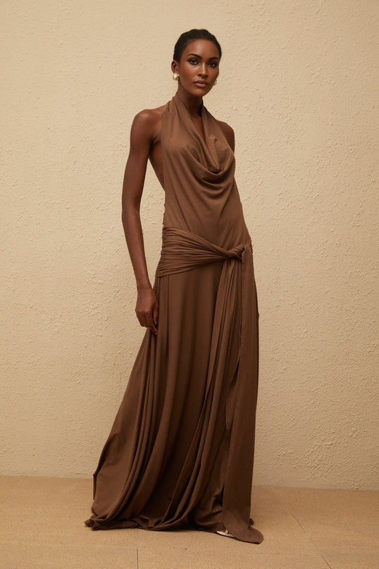 Kaitlin Maxi Dress in Luxurious Brown Halterneck Twist Open Back Design