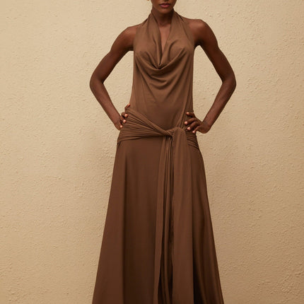 Kaitlin Maxi Dress in Luxurious Brown Halterneck Twist Open Back Shirred Effect Sleeveless Masterpiece